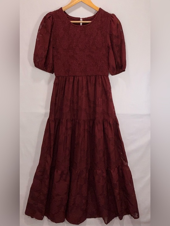 Merokeety Dresses & Skirts - Women's Burgundy Maxi Dress with Puff Sleeves